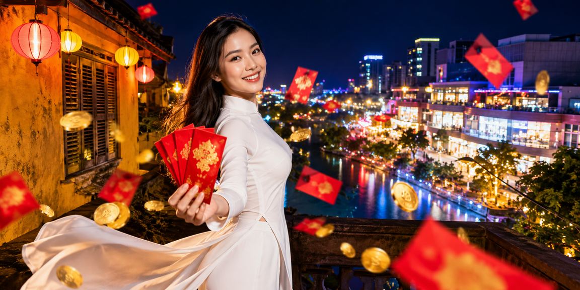 Người dùng Việt Nam trong trang phục áo dài nhận phần thưởng trực tuyến tại Hội An