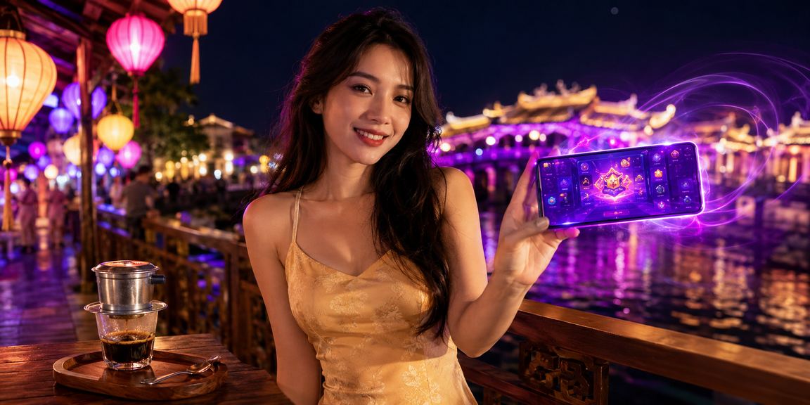 Người dùng Việt Nam thư giãn với điện thoại và cà phê đang trải nghiệm casino di động tại Huế